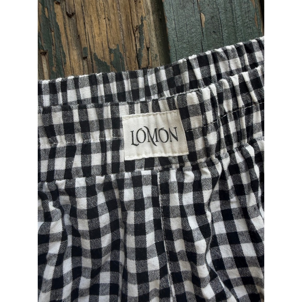 LOMON Black White Gingham Elastic Waist Straight Leg Pants Women Size Medium